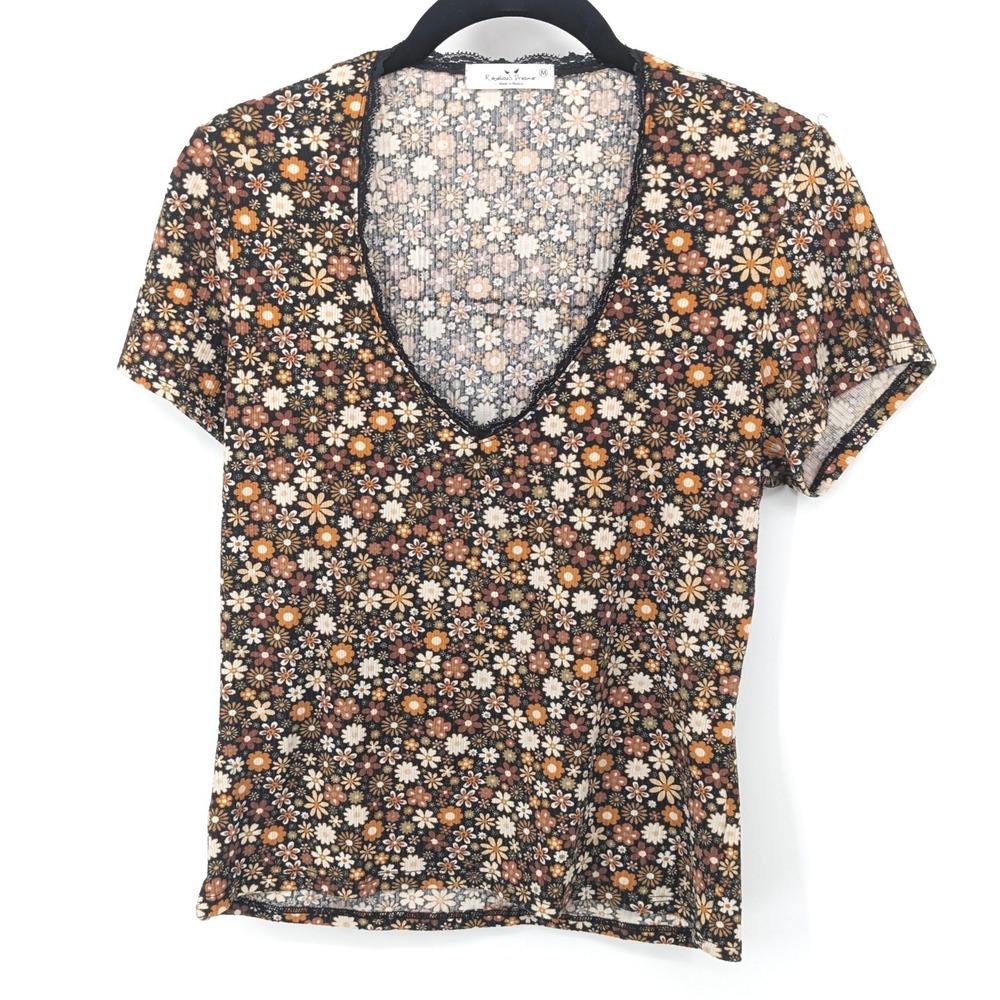 Y2K Top Womens Medium Brown Floral V Neck Short Sleeve Ribbed 90s Forest Fairy